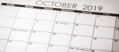 Yom Kippur seçici odak içinde Ekim 2019 takvimi.
