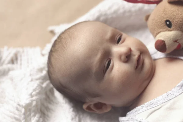 Menino de 2 meses deitado. Close-up de adorável menino recém-nascido bonito de dois meses em têxteis macios. Linda criança brincando com brinquedo de pelúcia — Fotografia de Stock