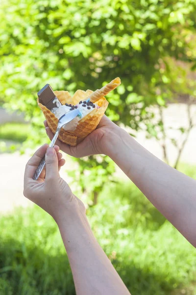 Wanita muda memegang es krim lezat dengan wafel selama piknik di alam. Konsep makanan musim panas. Pemuda dewasa makan es krim yummy dengan tongkat pada hari musim panas yang cerah . — Stok Foto