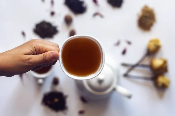 Tangan memegang cangkir teh. Wanita yang memegang secangkir teh dengan teko teh, bunga mawar kering dan bahan teh lainnya di latar belakang . — Stok Foto