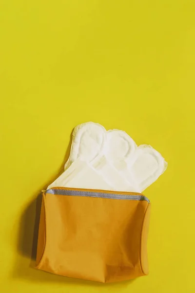 Bolso de mujer y servilletas sanitarias sobre fondo azul — Foto de Stock