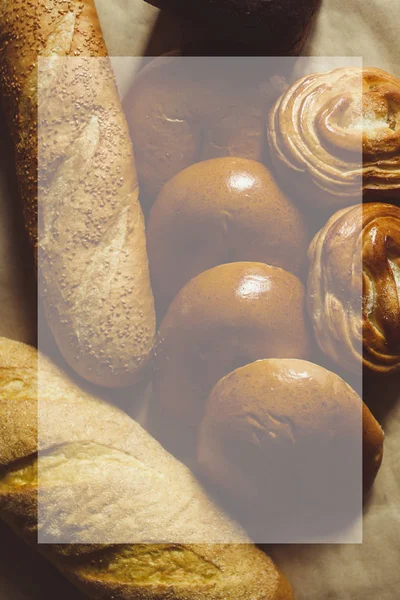 Food concept. Different type breads. Top view. Free space for text — Stock Photo, Image