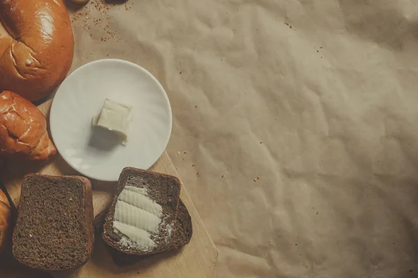 Food concept. Different type breads. Top view. Free space for text — Stock Photo, Image