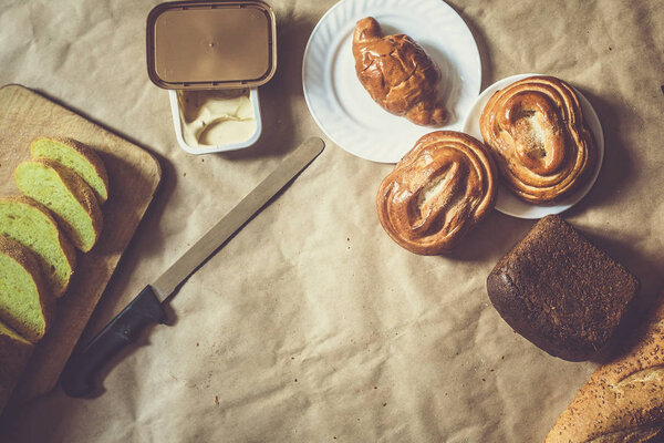 Food concept. Different type breads. Top view. Free space for text — Stock Image Food concept. Different type breads. Top view. Free space for text Stock Picture