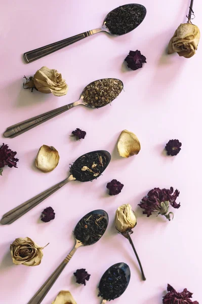 Berbagai teh kering dalam sendok pada merah muda. Sebuah berbagai macam teh kering. Sumur herbal yang berbeda teh kering. Daun teh kering pada pink — Stok Foto