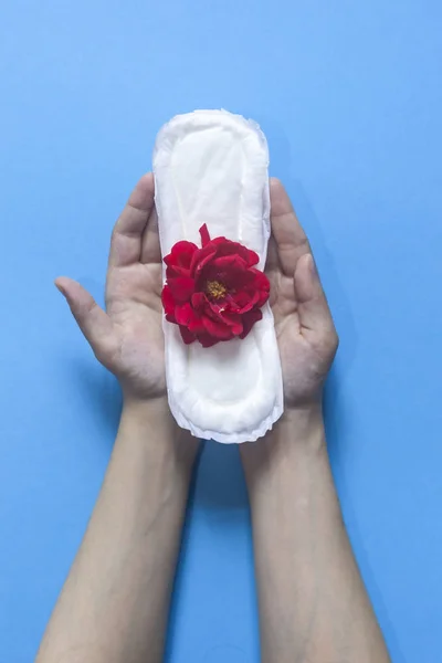Female's hand holding sanitary napkins with red rose on it. Period days concept showing feminine menstrual cycle. Female's hygiene — Stock Photo, Image