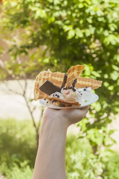 Wanita muda memegang es krim lezat dengan wafel selama piknik di alam. Konsep makanan musim panas. Pemuda dewasa makan es krim yummy dengan tongkat pada hari musim panas yang cerah . — Stok Foto