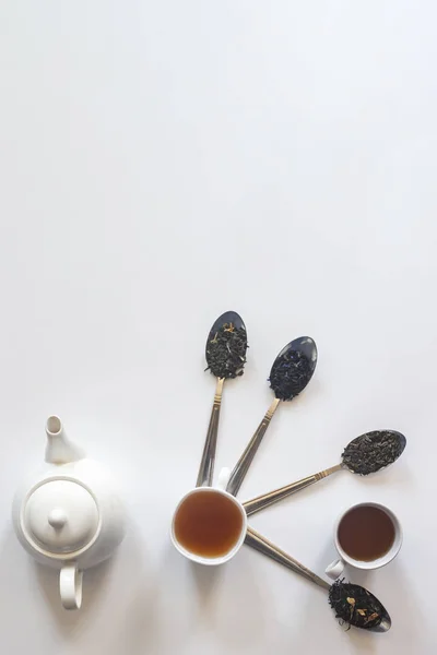 Čajový čaj s bílým keramickým čajovým hrnku a další čajové přísady na bílém. Plochý pohled na různé sušené čaje a čajník. Pohled shora. Místo pro text — Stock fotografie zdarma