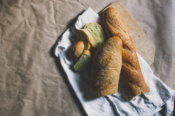 Food concept. Different type breads. Top view. Free space for text — Stock Photo, Image