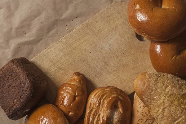 Food concept. Different type breads. Top view. Free space for text — Stock Photo, Image