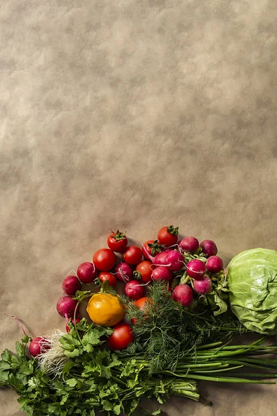 Gezonde voedsel achtergrond. Assortiment verse groenten op papier achtergrond — Stockfoto