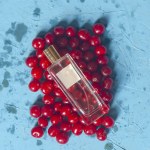 Cherries and perfume glass bottle. Pile of ripe cherries and parfume glass bottle on blue background. Fresh organic berries.