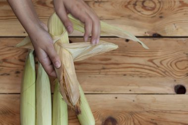 Genç kadın temizlik taze ahşap arka planda koçanı ham Mısır aldı. Shucking Mısır süreci