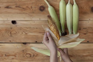 Genç kadın temizlik taze ahşap arka planda koçanı ham Mısır aldı. Shucking Mısır süreci