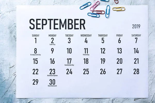 Havonta szeptember 2019 naptár — Stock Fotó