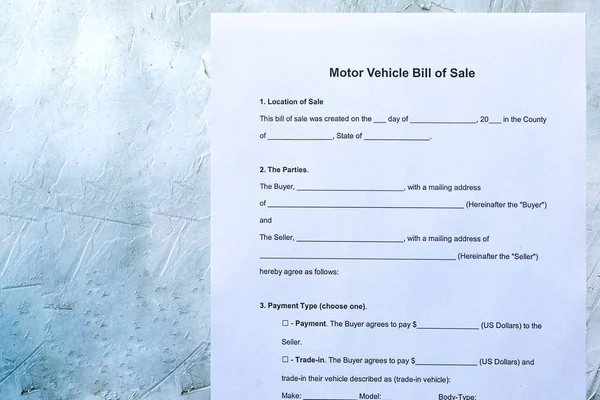 Empty motor vehicle bill of sale form