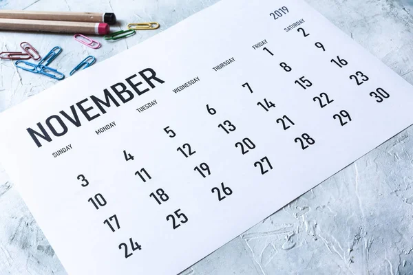 Calendario mensile novembre 2019 — Foto Stock