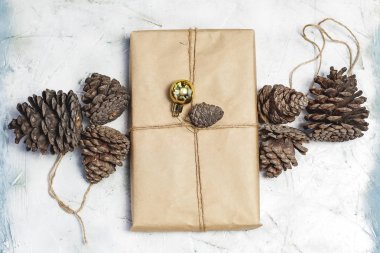 Noel süsleri. Çam kozalağı, Hediye kutusu Noel ağacı oyuncakları ve Çam konileri ile süslenmiş.