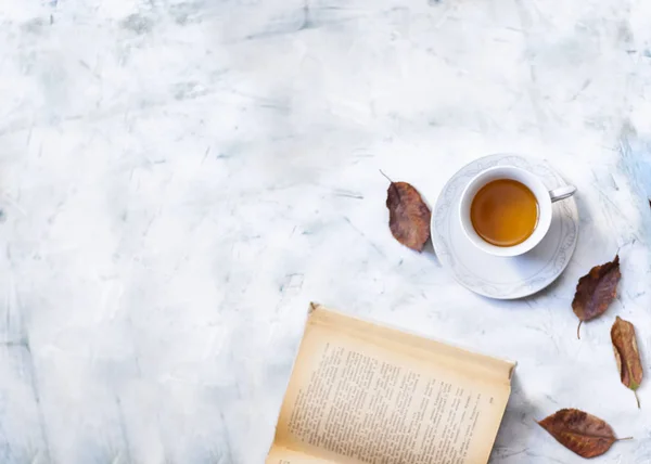 O ceașcă de ceai fierbinte cu frunze de toamnă și spațiu de copiere — Fotografie, imagine de stoc