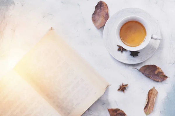 Una taza de té caliente con hojas de otoño y espacio para copiar — Foto de Stock