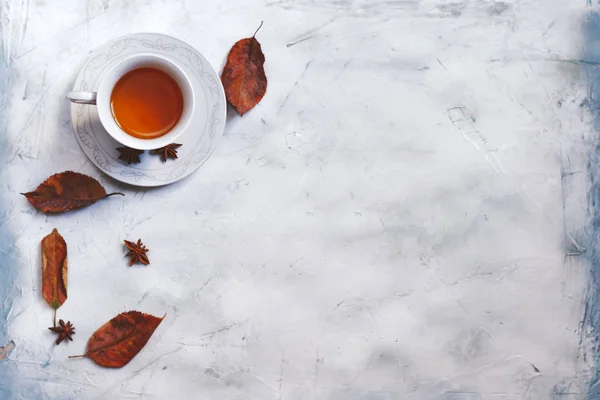 A cup of hot tea with fall leaves and copy space — Stock Photo, Image