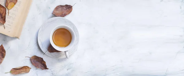 Secangkir teh panas dengan daun jatuh dan ruang fotokopi — Stok Foto