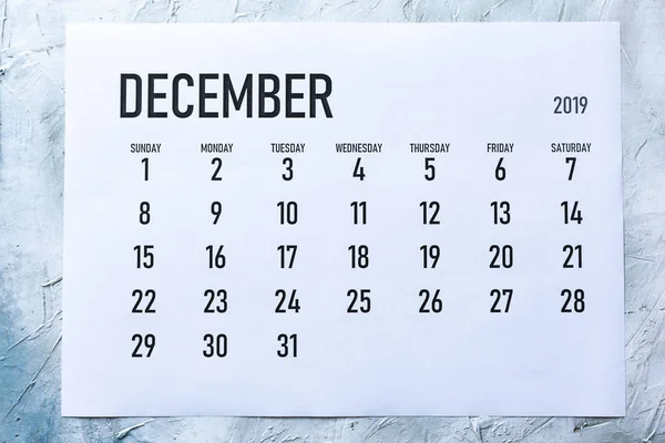 Månatlig december 2019 kalender — Stockfoto