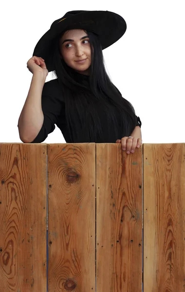 万圣节女孩在木板上的女巫服装 — 图库照片