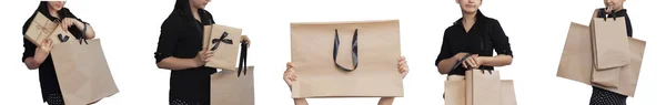 Egy sor boldog lány bevásárló táskák elszigetelt fehér — Stock Fotó