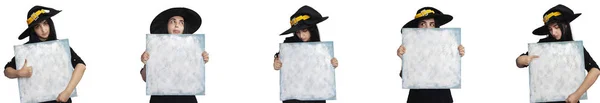 Sæt af Halloween pige i heksekostume holder blank bord - Stock-foto