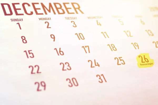 December calendar with Kwanza beginning date — Stock Photo, Image