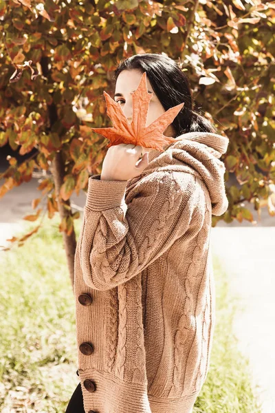 秋季概念。美丽的中东女人拿着一个yel — 图库照片