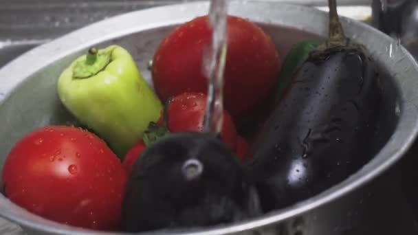 Woman washing freshly picked organic vegetables in colander — Stock Video