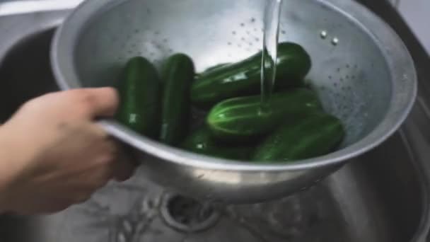 Vrouw was vers geplukte biologische komkommers in vergiet — Stockvideo