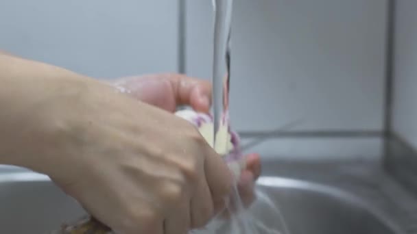 Mujer lavando ajo bajo agua corriente — Vídeos de Stock