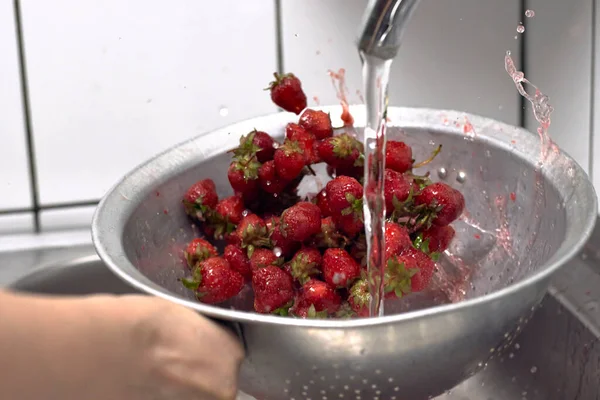 Wassen van verse rauwe aardbeien — Stockfoto