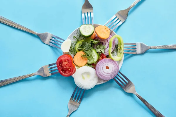 Pedaços cortados de vegetais frescos nos garfos — Fotografia de Stock