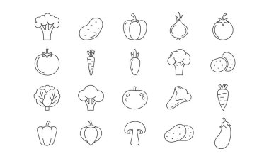 Sebze ikonu. Avokado, muz, yabanmersini, havuç, kiraz, domates, balkabağı, ananas ve daha fazla ikon çizgisi sanat şablonu