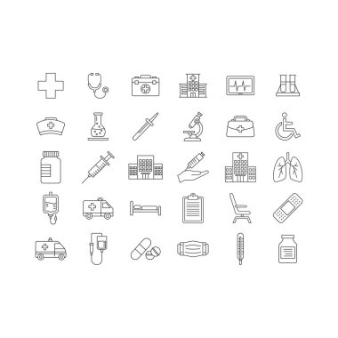 Hastane ikonu hazır. Enjeksiyon, kan, ilaç, mikroskop, şişe, yatak, maske çizgisi sanat sembolü