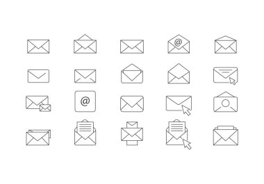 E- posta Simgesi seti. İleti, metin, sohbet, zarf, bilgi, bildirim, posta kutusu ve daha fazla simge satırı resim şablonu