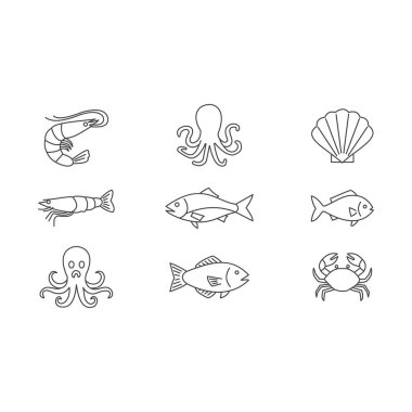 Deniz ürünleri ikonu seti. Okyanus yaşamı, deniz, balina, kaplumbağa, denizyıldızı, şarküteri, levrek ve daha fazla ikon çizgisi sanat şablonu