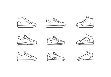 Spor ayakkabı ikonu seti. Koşu, moda, spor, hareket, yürüyüş, spor ayakkabısı, hareket ve daha fazla çizgi ikonu vektör şablonu