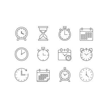 Saat Simgesi Ayarlandı. Alarm, saat, zamanlayıcı, kronometre, takvim, saat ve daha fazla simge çizgisi çizgisi biçimi vektörü şablonu