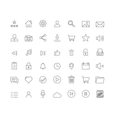 Kullanıcı Arayüzü veya Kullanıcı Simgeleri kümesi. Ev, indirme, kilit, saat, posta, mikrofon, yakınlaştırma ve daha fazla simge satırı sanat şablonu