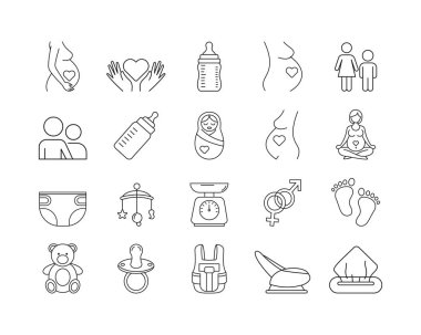 Hamile simgesi seti. Annelik, hamilelik, destek, besleyici, oyuncak ve daha fazla simge çizgisi sanat şablonu
