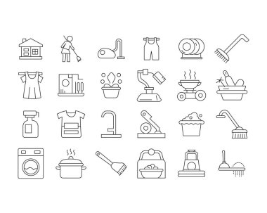 Ev temizleme ikonu seti. Fırça, süpürge, kova, temizleyici, deterjan, kirli, hijyen, sprey, havlu, su sembolü sanat tasarımı