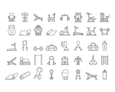 Çizgi Sanatı Biçimli Fitness Ekipmanı Simgesi Şablonu. Kol, halter, halter, fitness, spor salonu ikonu, ağırlık ve daha fazla sembol