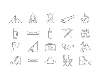Kamp ikonu paketi. Macera, çanta, kamp, kamp ateşi, orman, yürüyüş, avcı ikonu tarzı şablon