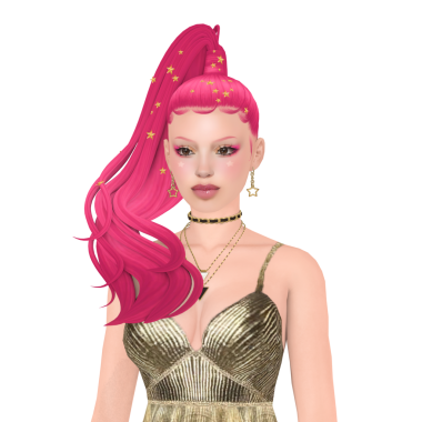 Pembe saçlı güzel bir genç kadın, sosyetik stili olan bir dansçı kız, bir elbise giyiyor ve yıldızlı uzun bir at kuyruğu, izole edilmiş bir portre.