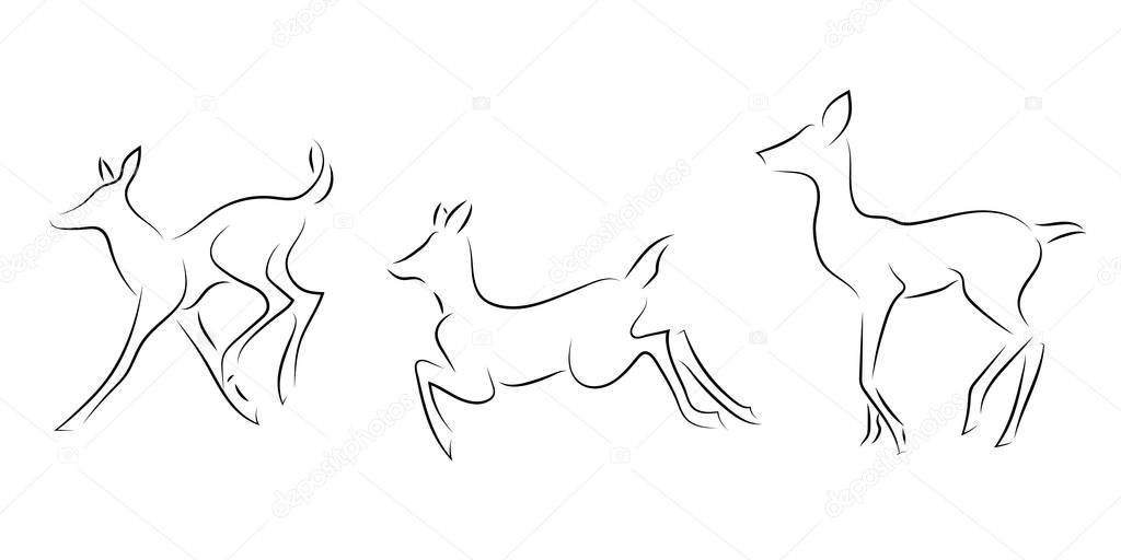 Standing black line deers on white background.